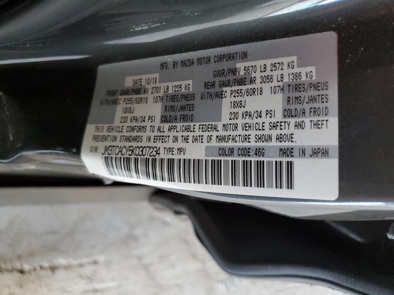 2019 Mazda Cx-9 Touring VIN: JM3TCACY5K0307234 Lot: 84217905