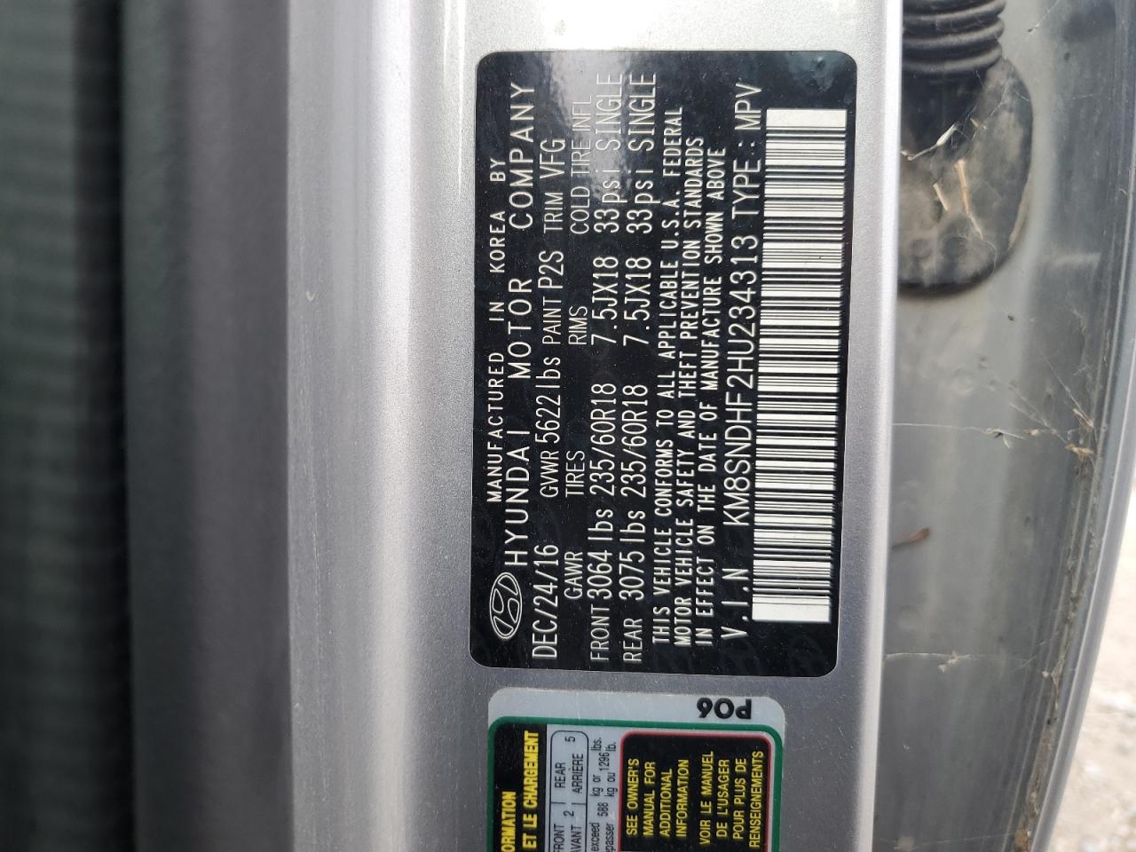 2017 Hyundai Santa Fe Se VIN: KM8SNDHF2HU234313 Lot: 81275945