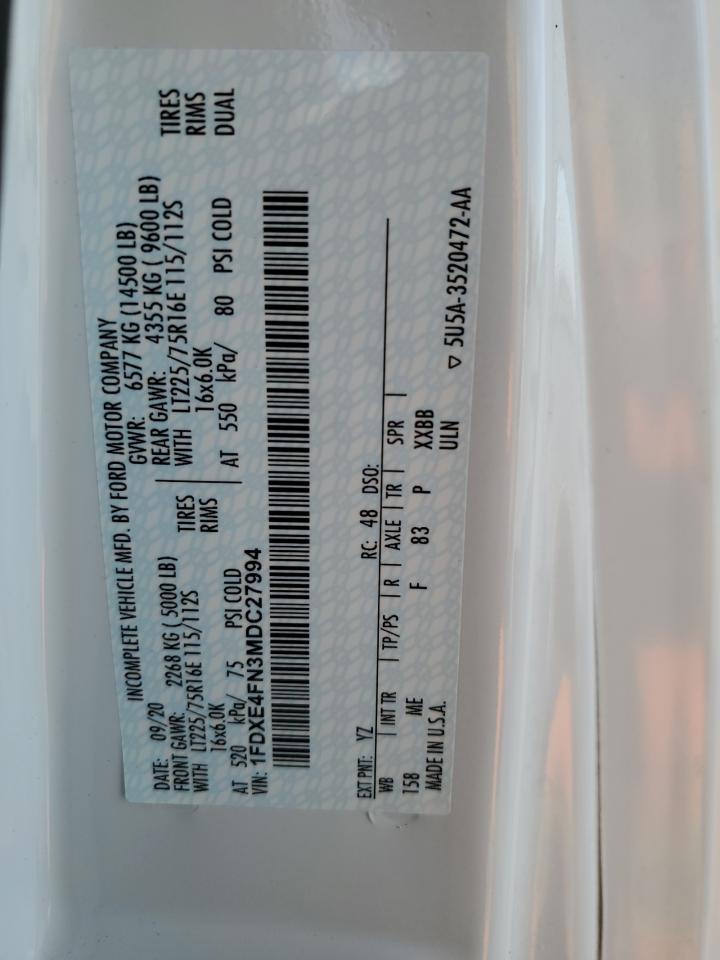 2021 Ford Econoline E450 Super Duty Cutaway Van VIN: 1FDXE4FN3MDC27994 Lot: 72016045