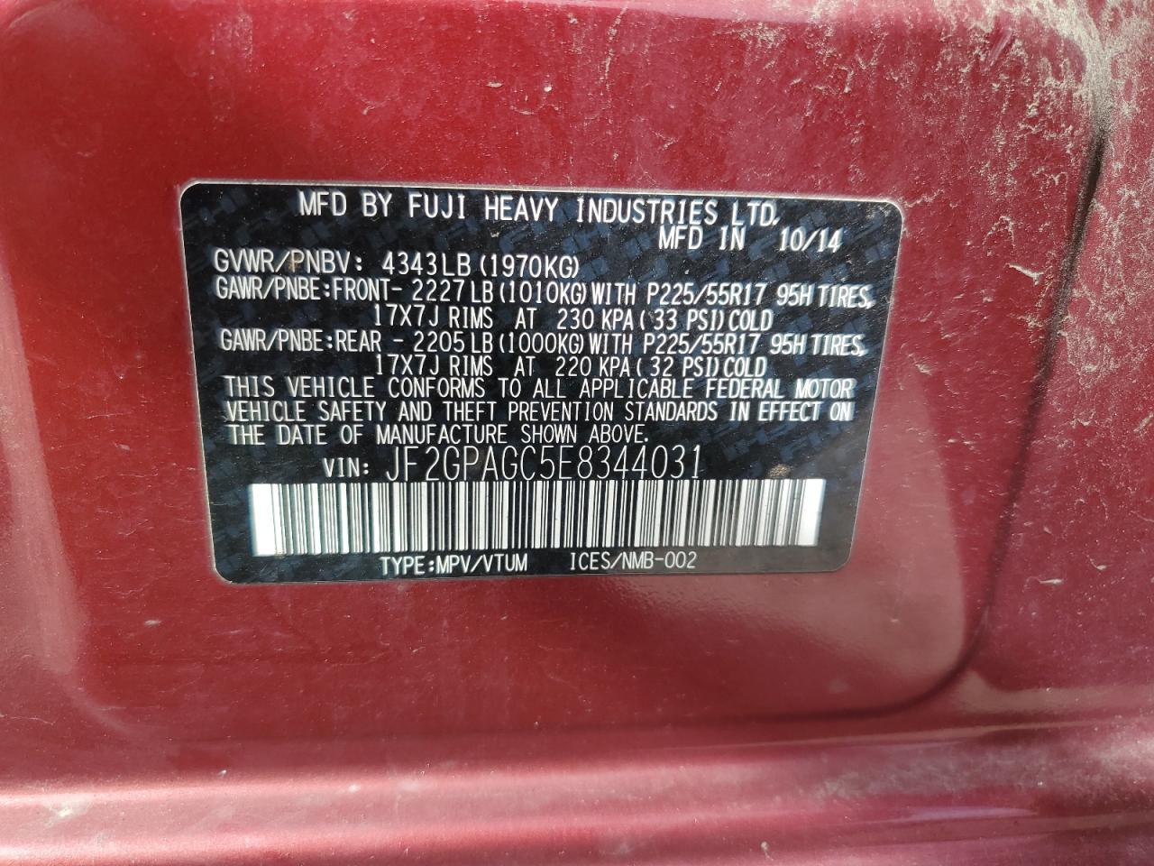 2014 Subaru Xv Crosstrek 2.0 Limited VIN: JF2GPAGC5E8344031 Lot: 80902385