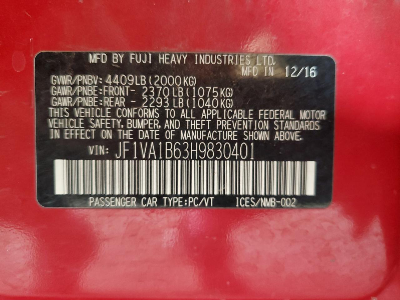 2017 Subaru Wrx VIN: JF1VA1B63H9830401 Lot: 71289605