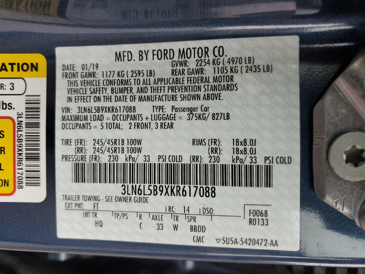 2019 Lincoln Mkz VIN: 3LN6L5B9XKR617088 Lot: 71363215