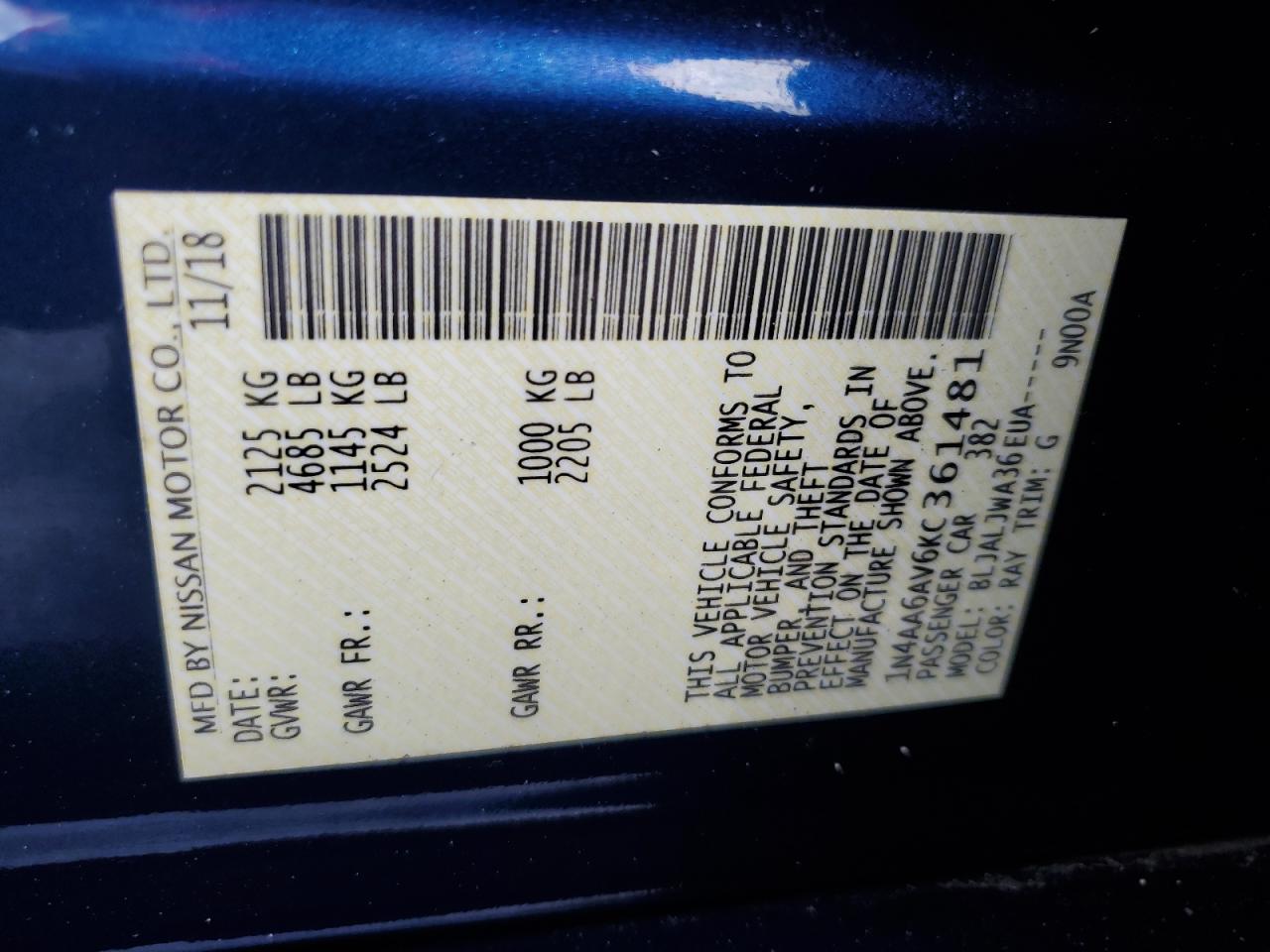 2019 Nissan Maxima S VIN: 1N4AA6AV6KC361481 Lot: 81339045