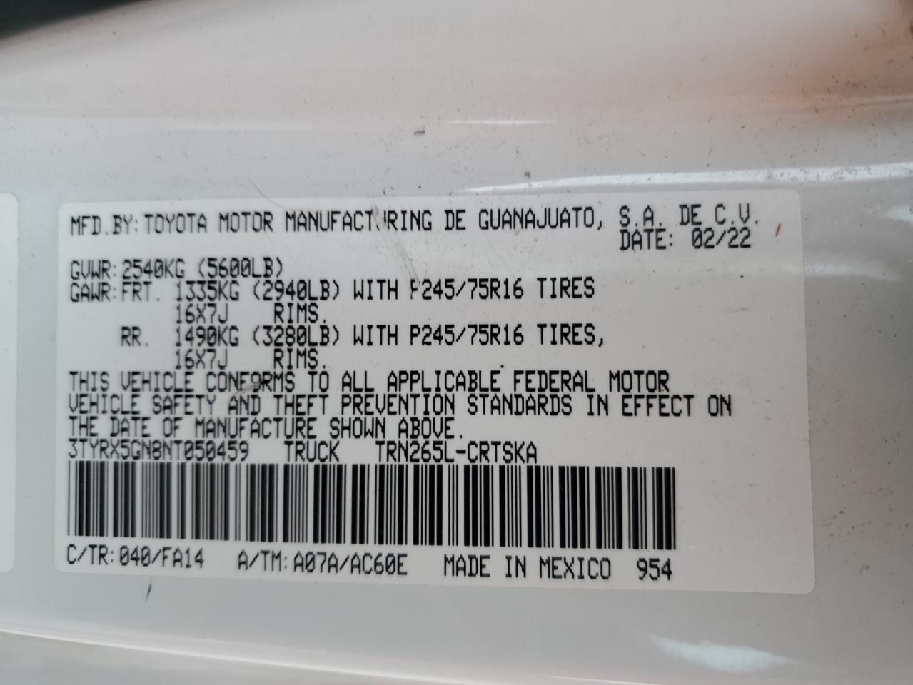 2022 Toyota Tacoma Access Cab VIN: 3TYRX5GN8NT050459 Lot: 81591295