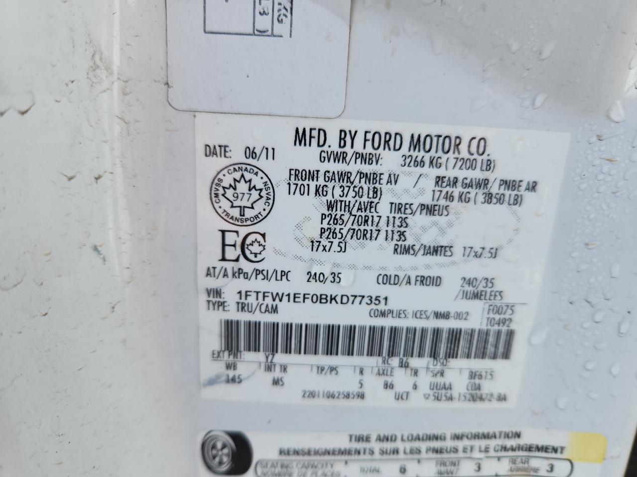 2011 Ford F150 Supercrew VIN: 1FTFW1EF0BKD77351 Lot: 71033695