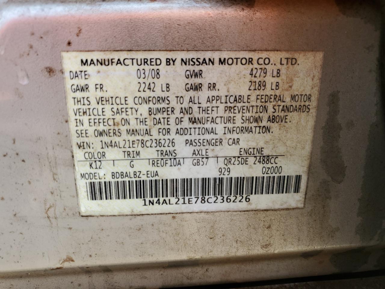 2008 Nissan Altima 2.5 VIN: 1N4AL21E78C236226 Lot: 71032425