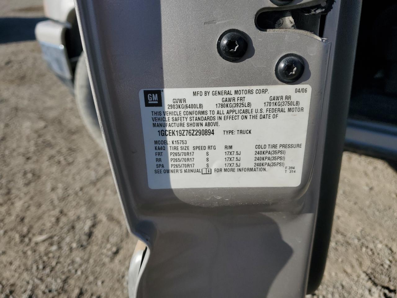 2006 Chevrolet Silverado K1500 VIN: 1GCEK19Z76Z290894 Lot: 81746215