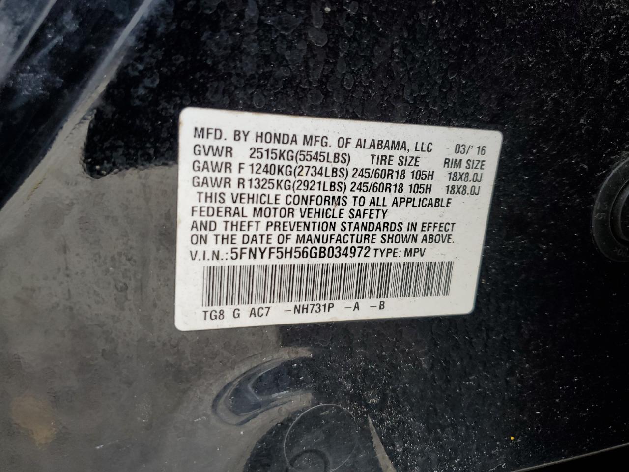 2016 Honda Pilot Exl VIN: 5FNYF5H56GB034972 Lot: 81713115