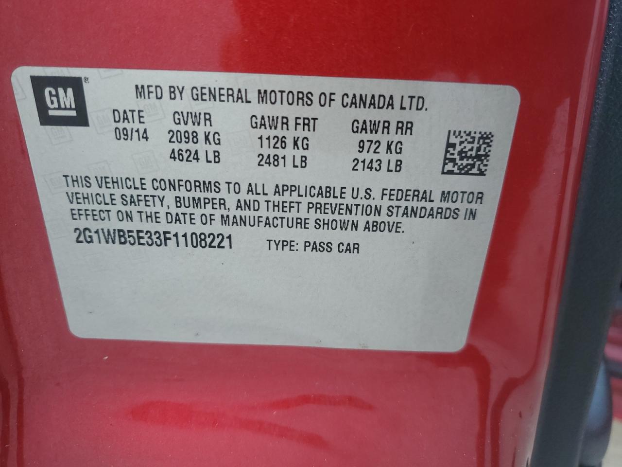 2015 Chevrolet Impala Limited Lt VIN: 2G1WB5E33F1108221 Lot: 66550535