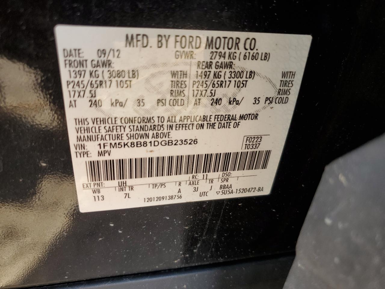 2013 Ford Explorer VIN: 1FM5K8B81DGB23526 Lot: 81890035
