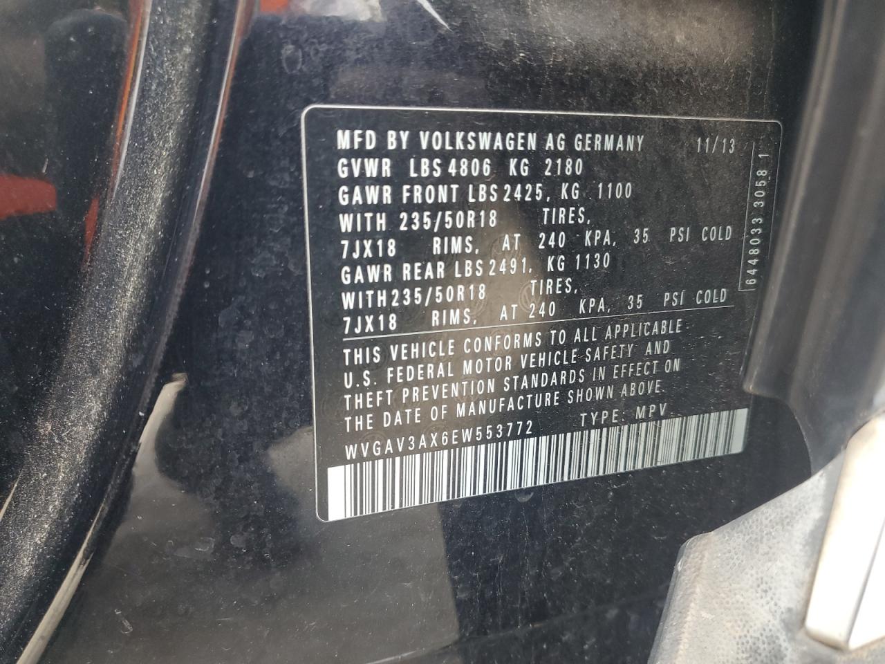 2014 Volkswagen Tiguan S VIN: WVGAV3AX6EW553772 Lot: 80031625