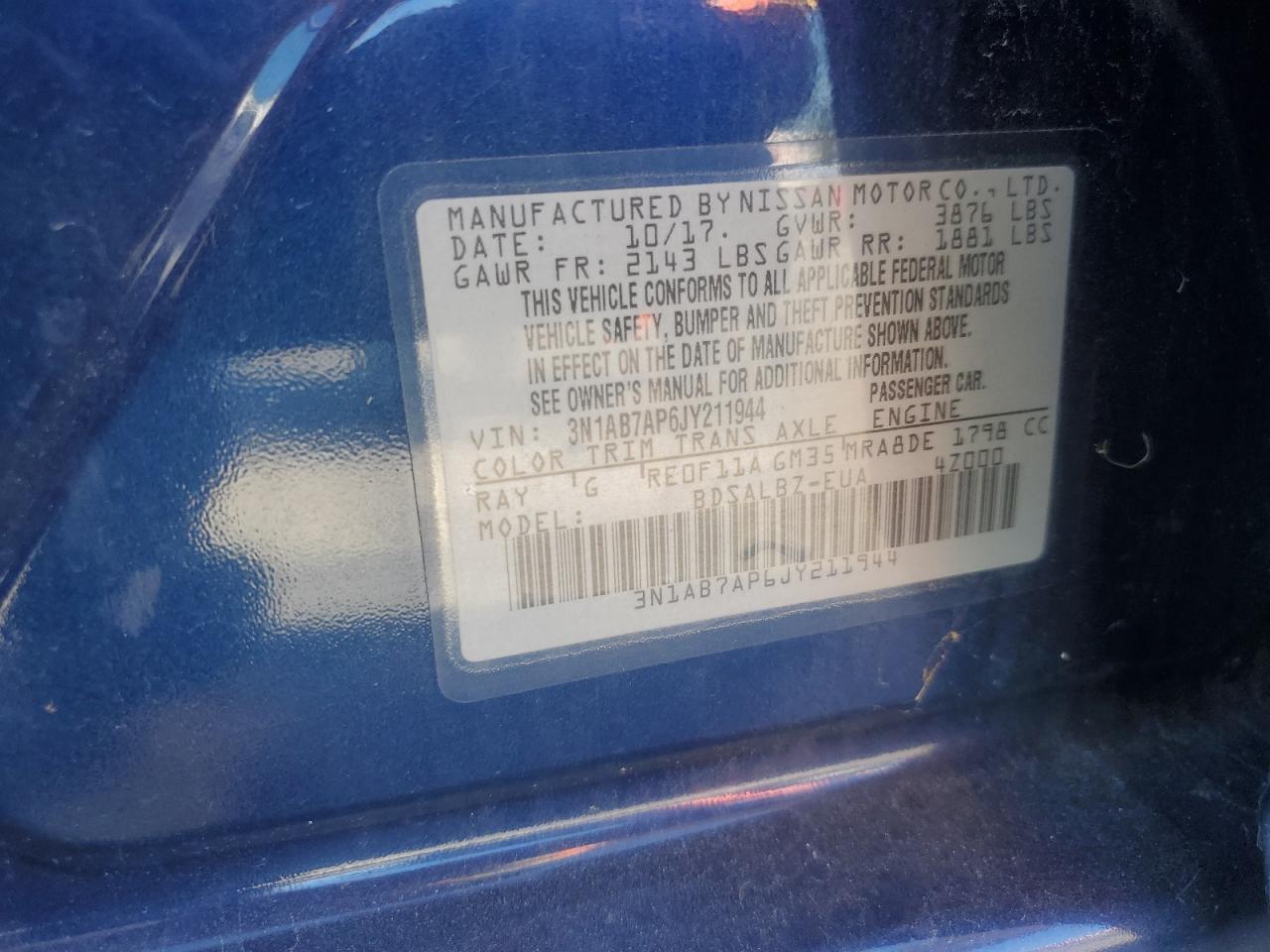 2018 Nissan Sentra S VIN: 3N1AB7AP6JY211944 Lot: 80781545