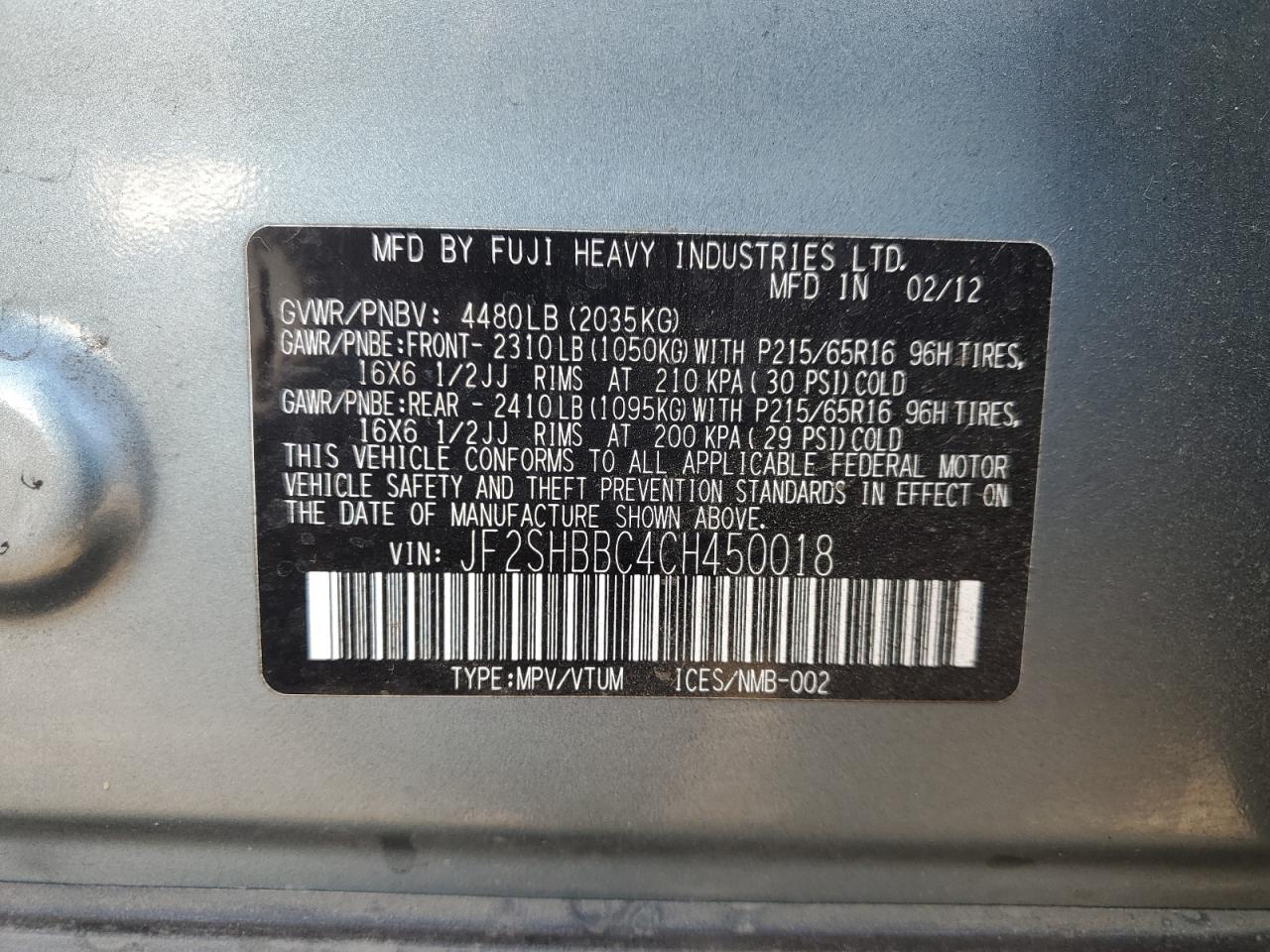 2012 Subaru Forester 2.5X VIN: JF2SHBBC4CH450018 Lot: 84604795