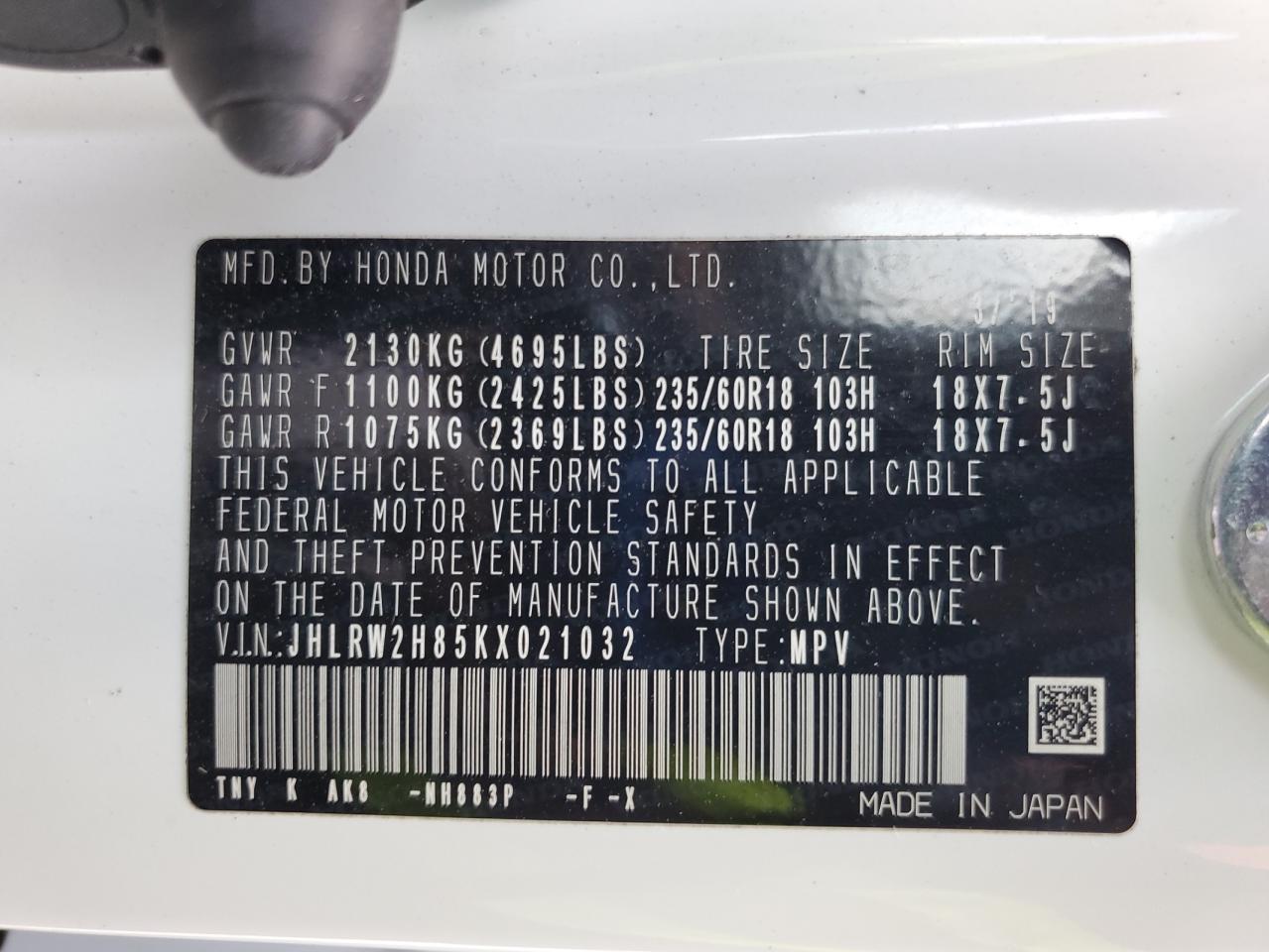 2019 Honda Cr-V Exl VIN: JHLRW2H85KX021032 Lot: 80366355