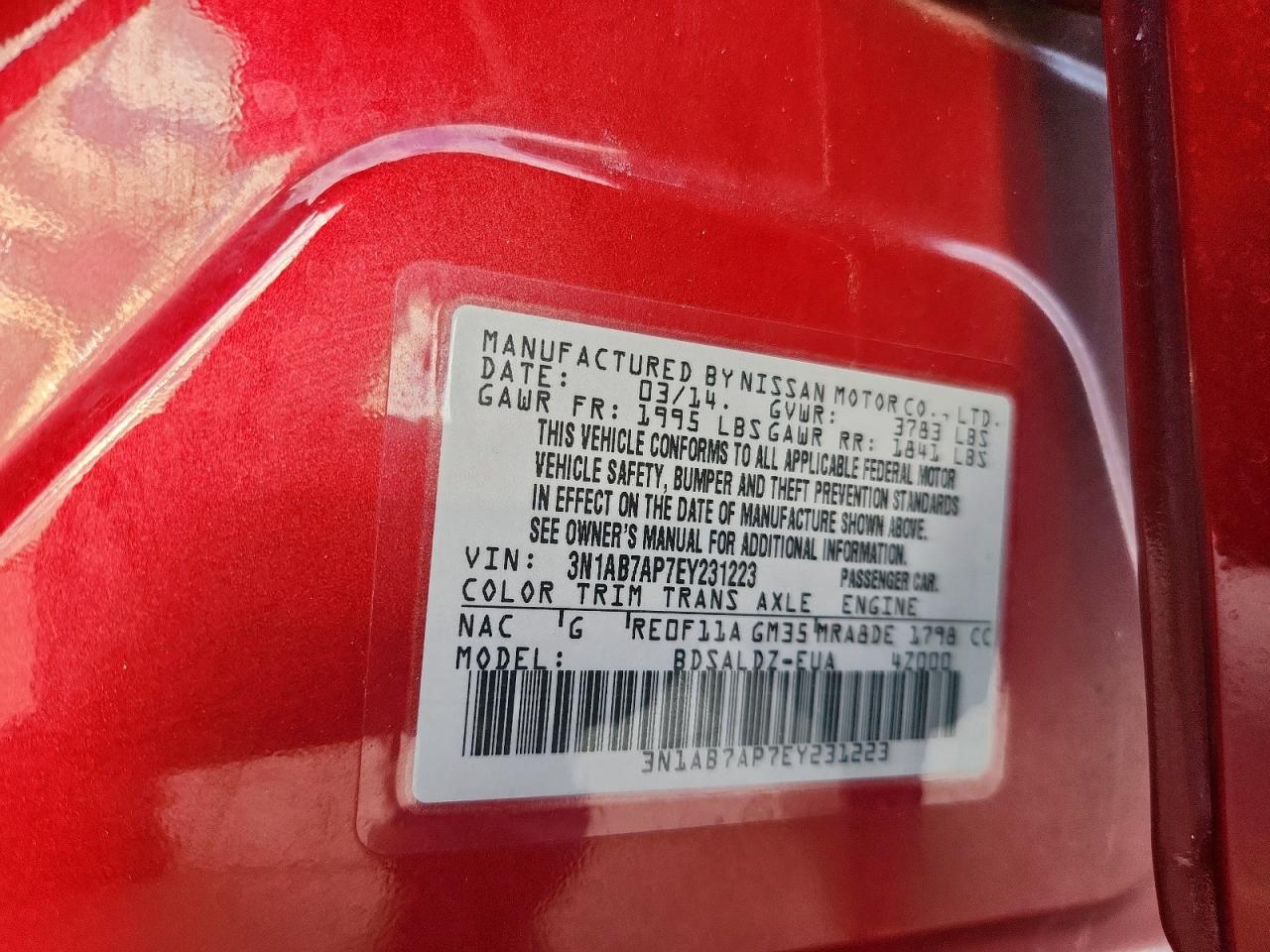 2014 Nissan Sentra S VIN: 3N1AB7AP7EY231223 Lot: 81061555