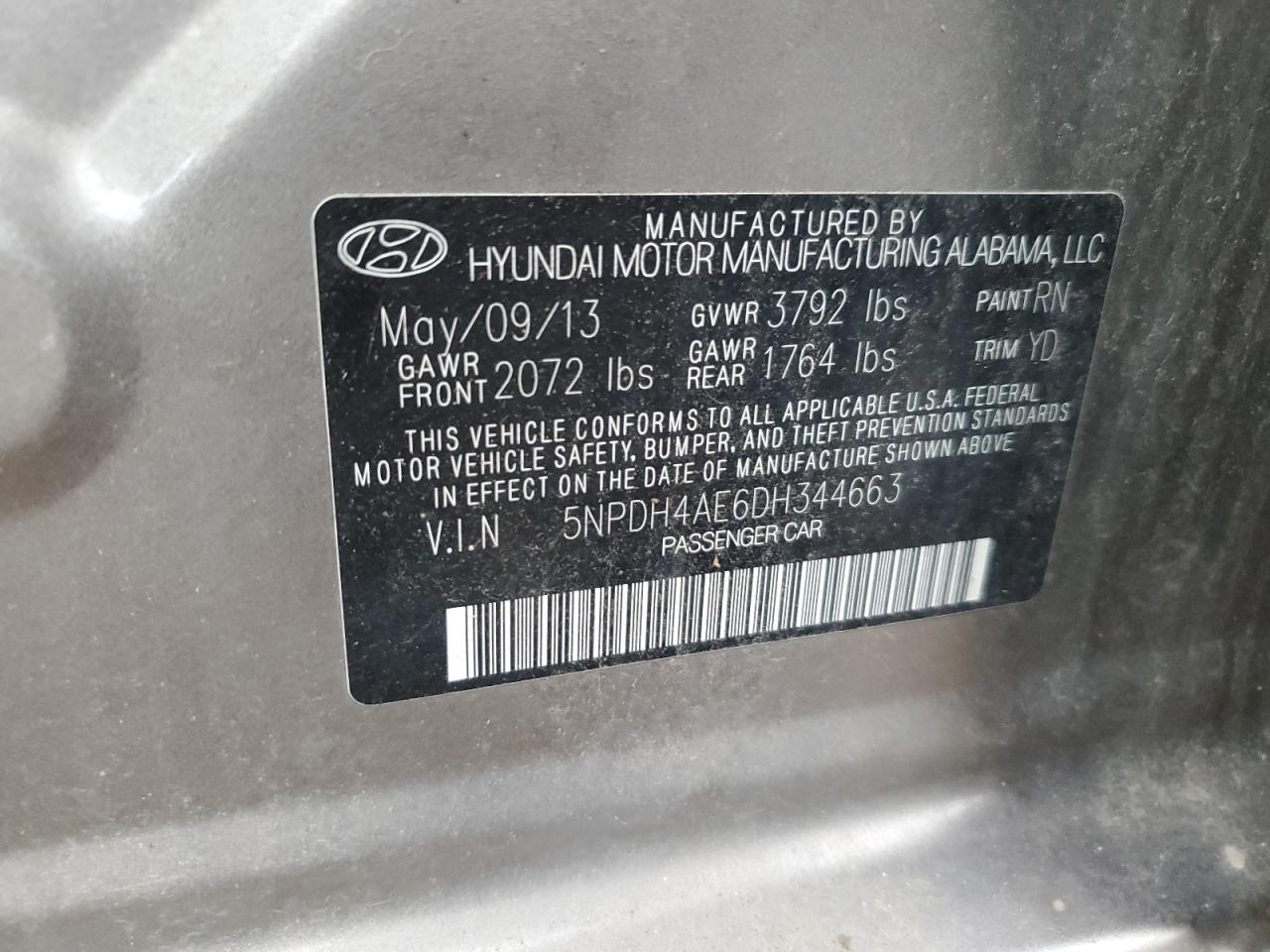 2013 Hyundai Elantra Gls VIN: 5NPDH4AE6DH344663 Lot: 71695835