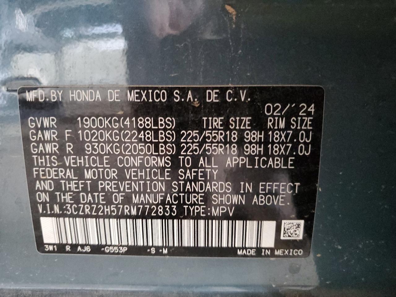 2024 Honda Hr-V Sport VIN: 3CZRZ2H57RM772833 Lot: 71481305