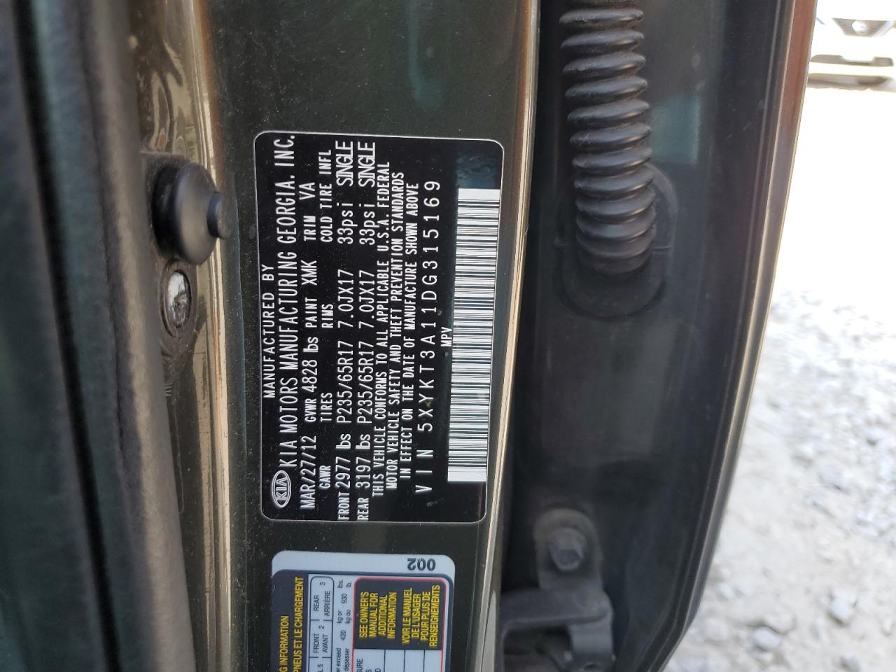 2013 Kia Sorento Lx VIN: 5XYKT3A11DG315169 Lot: 82073765