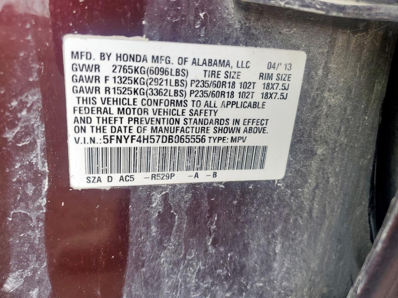 2013 Honda Pilot Exl VIN: 5FNYF4H57DB065556 Lot: 84247465