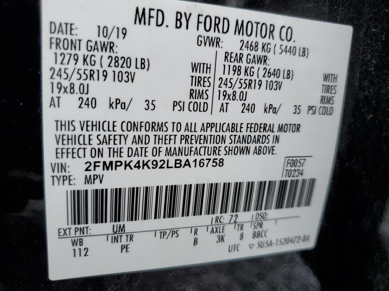 2020 Ford Edge Titanium VIN: 2FMPK4K92LBA16758 Lot: 84798525