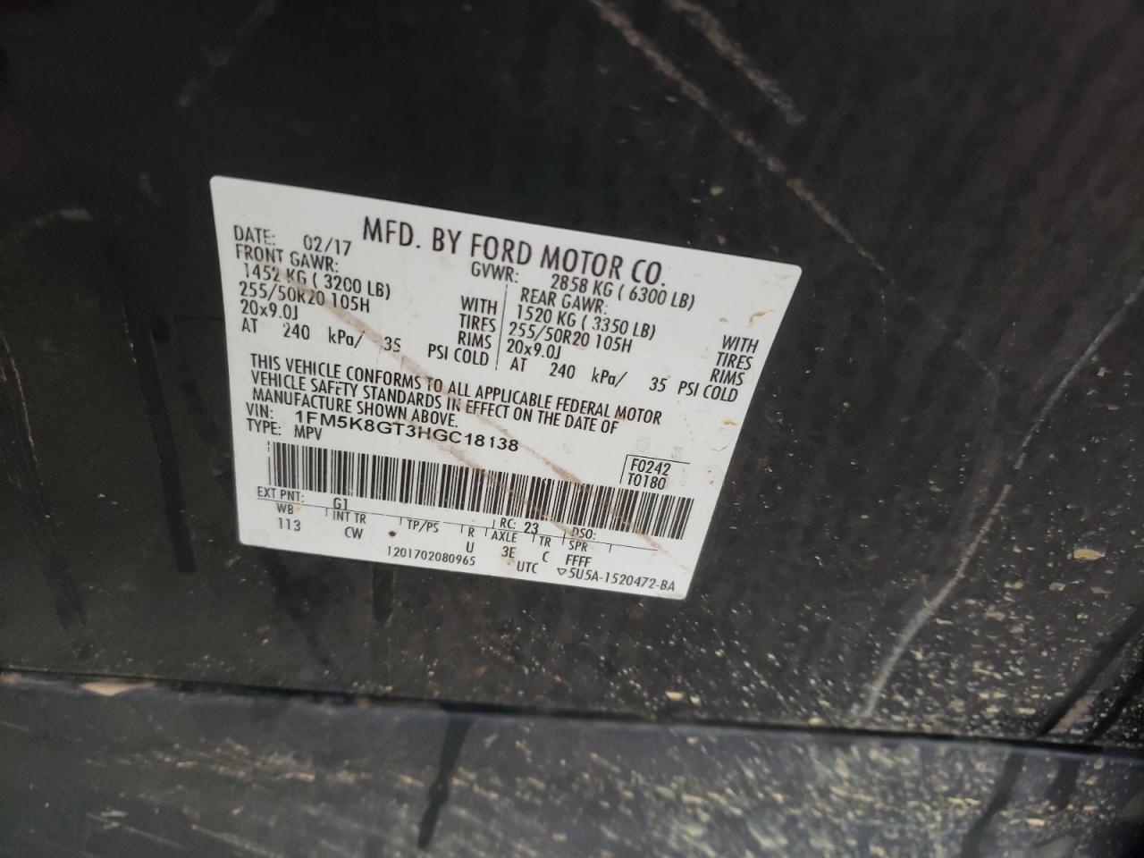 2017 Ford Explorer Sport VIN: 1FM5K8GT3HGC18138 Lot: 83942815