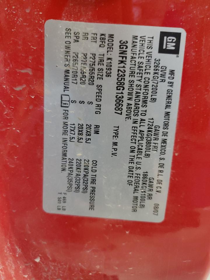 2008 Chevrolet Avalanche K1500 VIN: 3GNFK12358G136687 Lot: 81309595