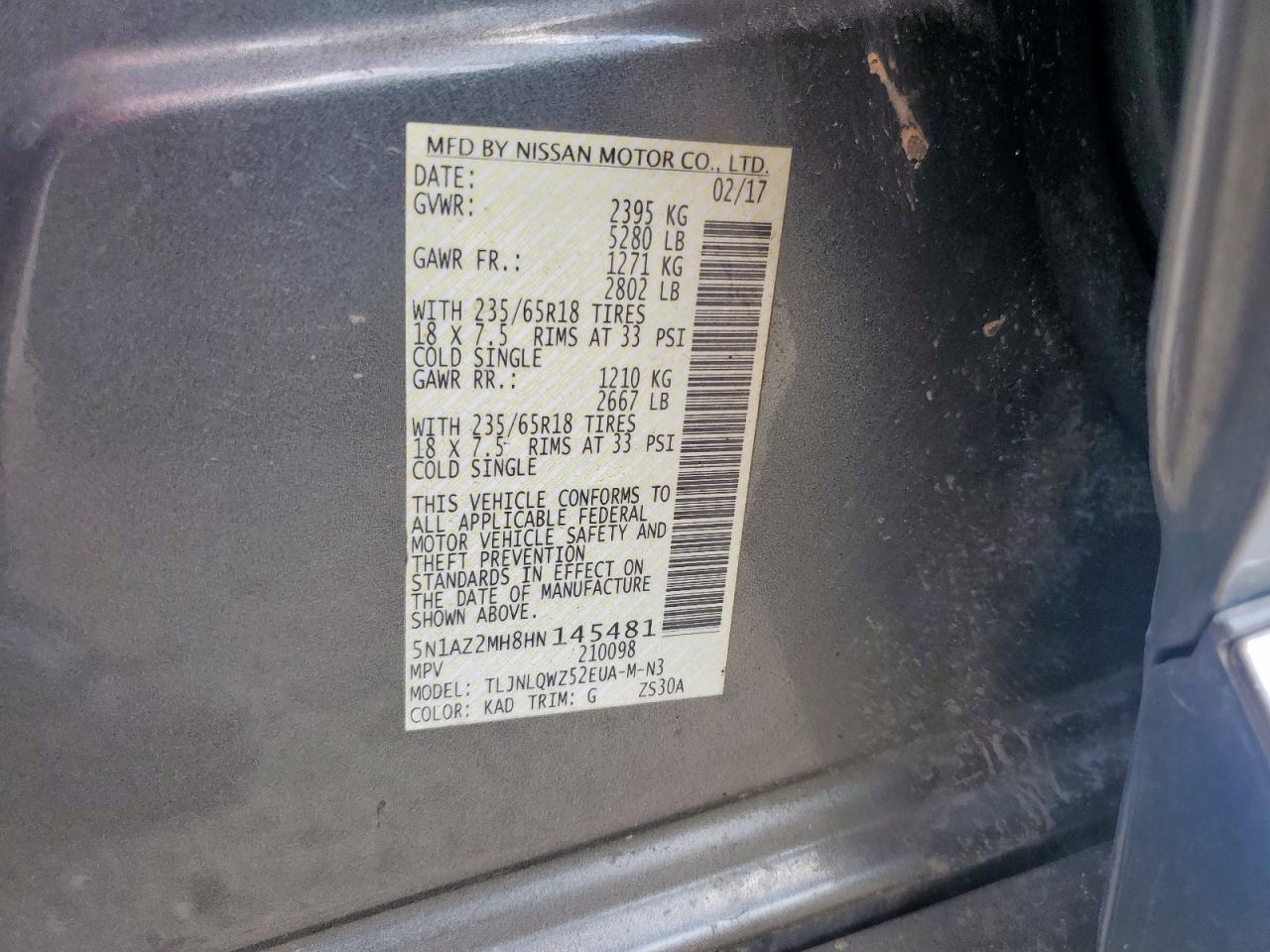 2017 Nissan Murano S VIN: 5N1AZ2MH8HN145481 Lot: 80196805