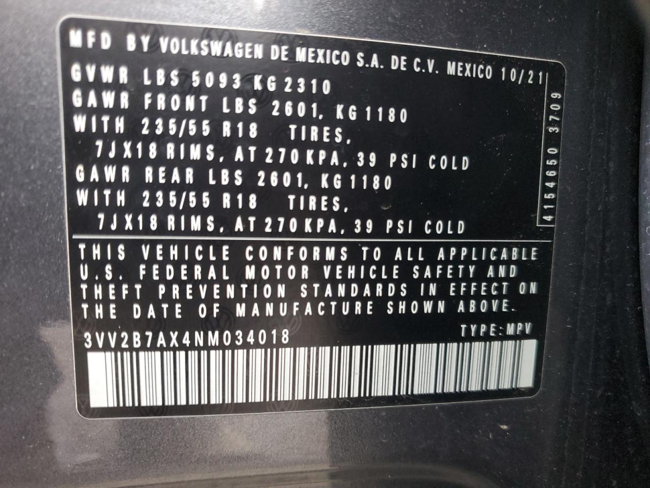 2022 Volkswagen Tiguan Se VIN: 3VV2B7AX4NM034018 Lot: 84754435