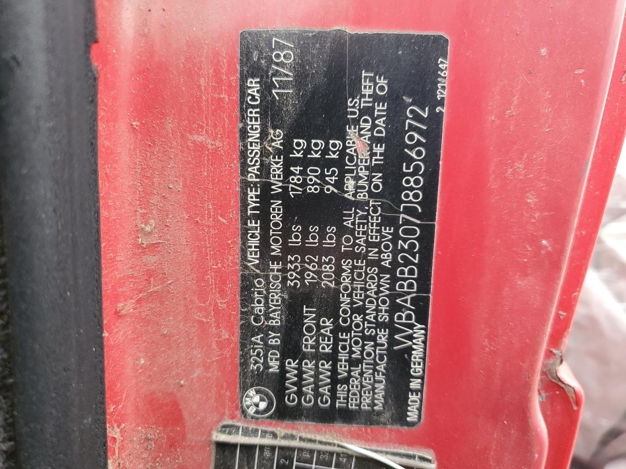 1988 BMW 325 I Automatic VIN: WBABB2307J8856972 Lot: 81444515