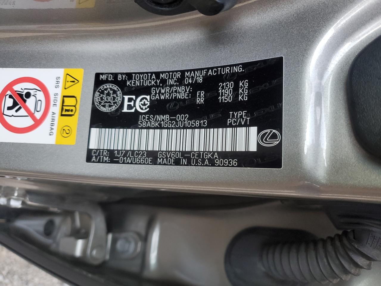 2018 Lexus Es 350 VIN: 58ABK1GG2JU105813 Lot: 80103535