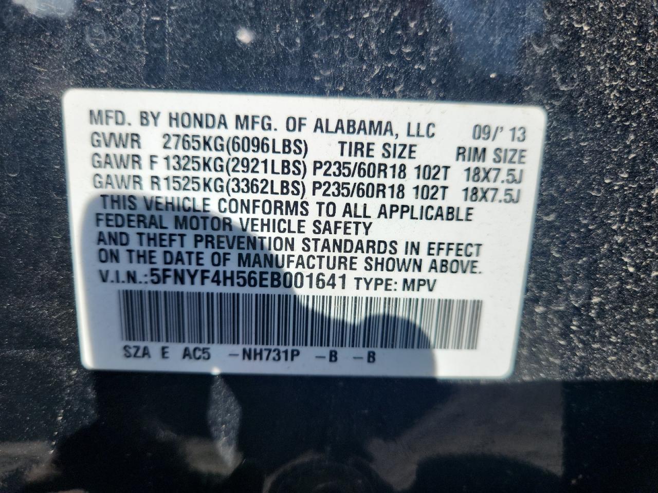 2014 Honda Pilot Exl VIN: 5FNYF4H56EB001641 Lot: 71392295