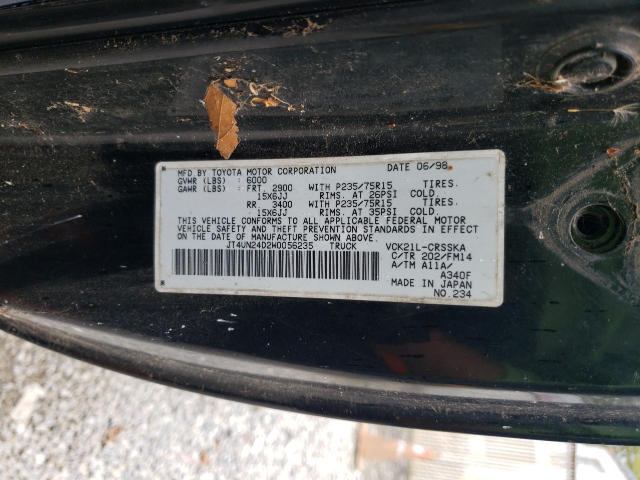 1998 Toyota T100 Xtracab Sr5 VIN: JT4UN24D2W0056235 Lot: 81723505