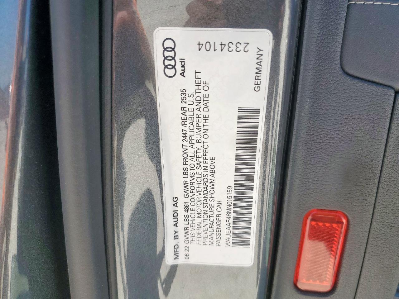 2022 Audi A4 Premium Plus 45 VIN: WAUEAAF48NN015159 Lot: 70542865