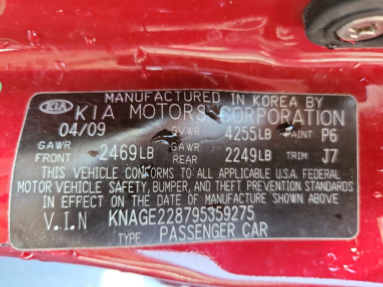 2009 Kia Optima Lx VIN: KNAGE228795359275 Lot: 81074865