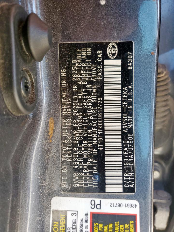 2012 Toyota Camry Base VIN: 4T1BF1FK0CU612729 Lot: 84700145
