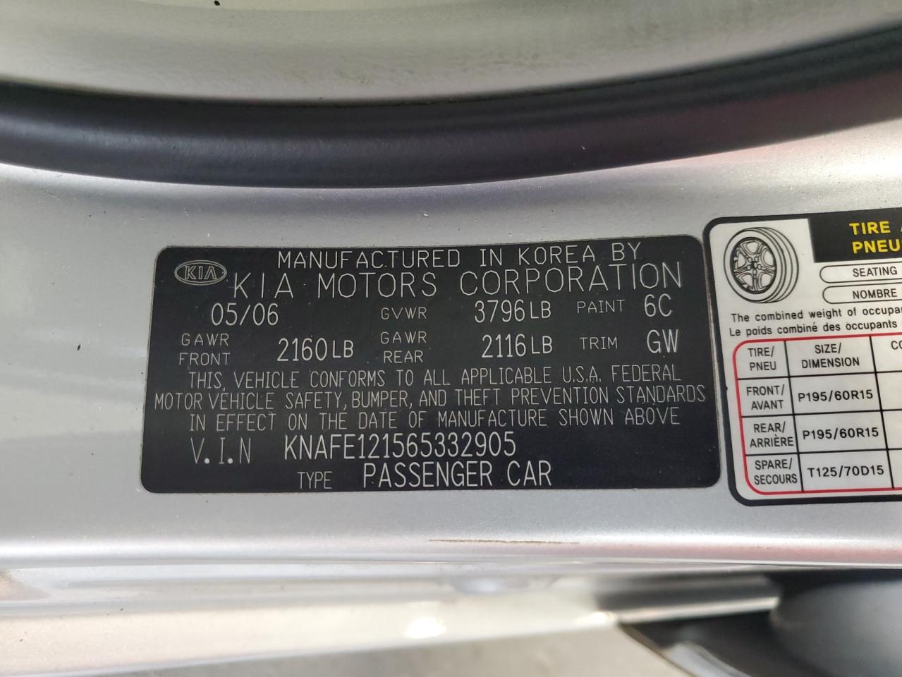 2006 Kia Spectra Lx VIN: KNAFE121565332905 Lot: 84743745