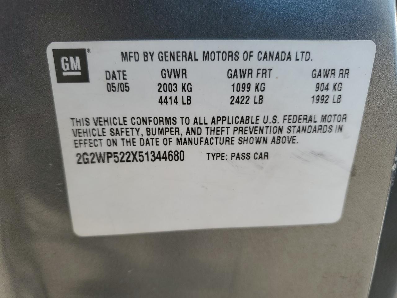 2005 Pontiac Grand Prix VIN: 2G2WP522X51344680 Lot: 80320785