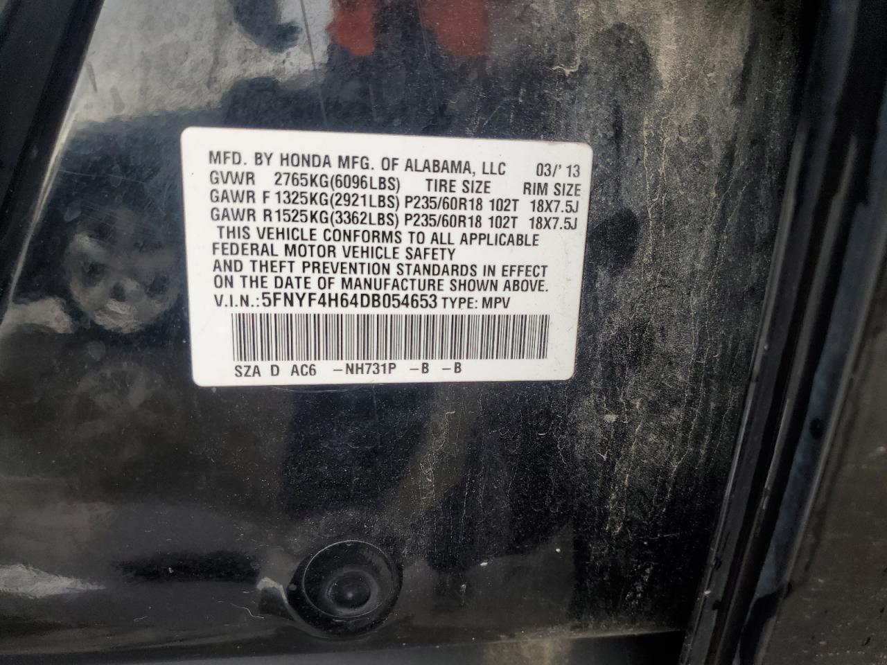 2013 Honda Pilot Exl VIN: 5FNYF4H64DB054653 Lot: 83834245