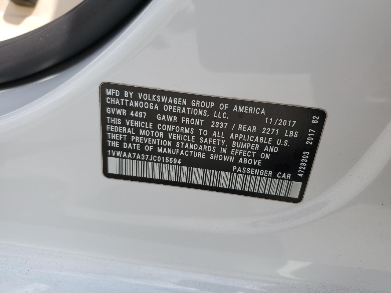 2018 Volkswagen Passat S VIN: 1VWAA7A37JC015594 Lot: 80075845