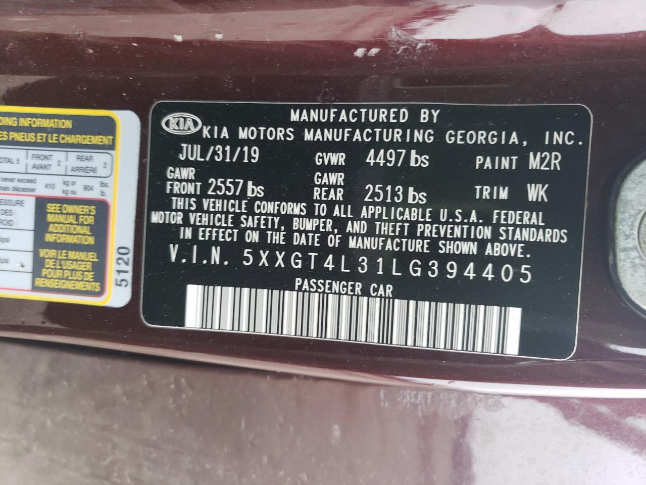 2020 Kia Optima Lx VIN: 5XXGT4L31LG394405 Lot: 81910895