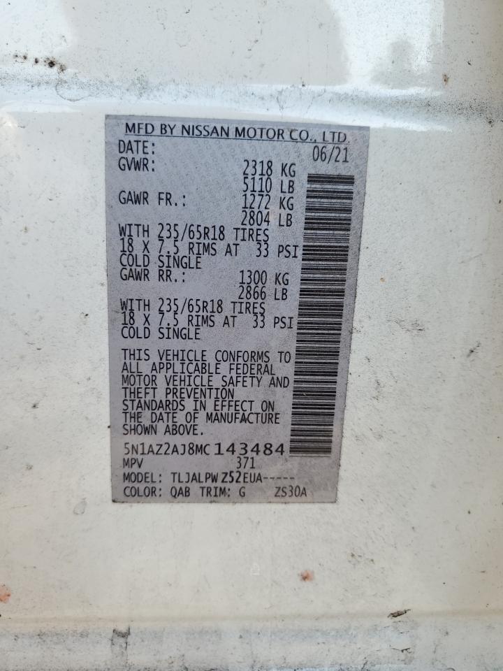 2021 Nissan Murano S VIN: 5N1AZ2AJ8MC143484 Lot: 71446215