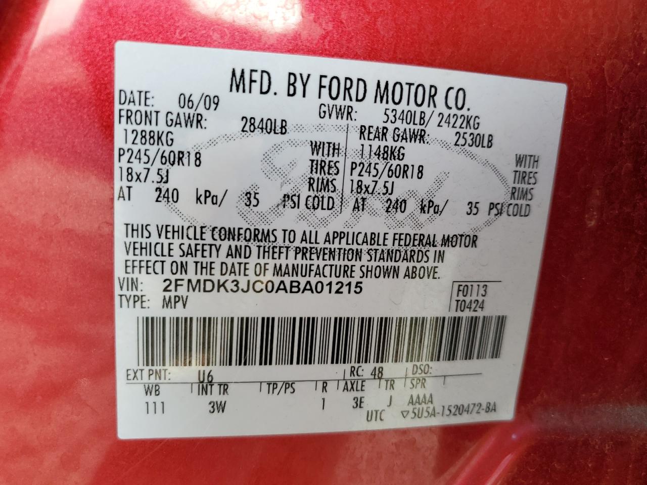 2010 Ford Edge Sel VIN: 2FMDK3JC0ABA01215 Lot: 81333195