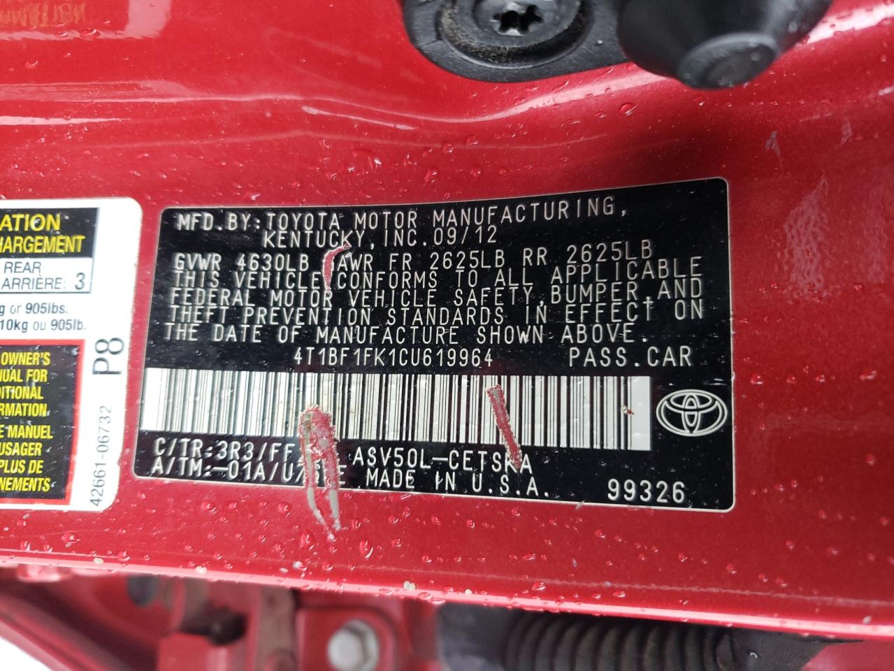 2012 Toyota Camry Base VIN: 4T1BF1FK1CU619964 Lot: 84442275