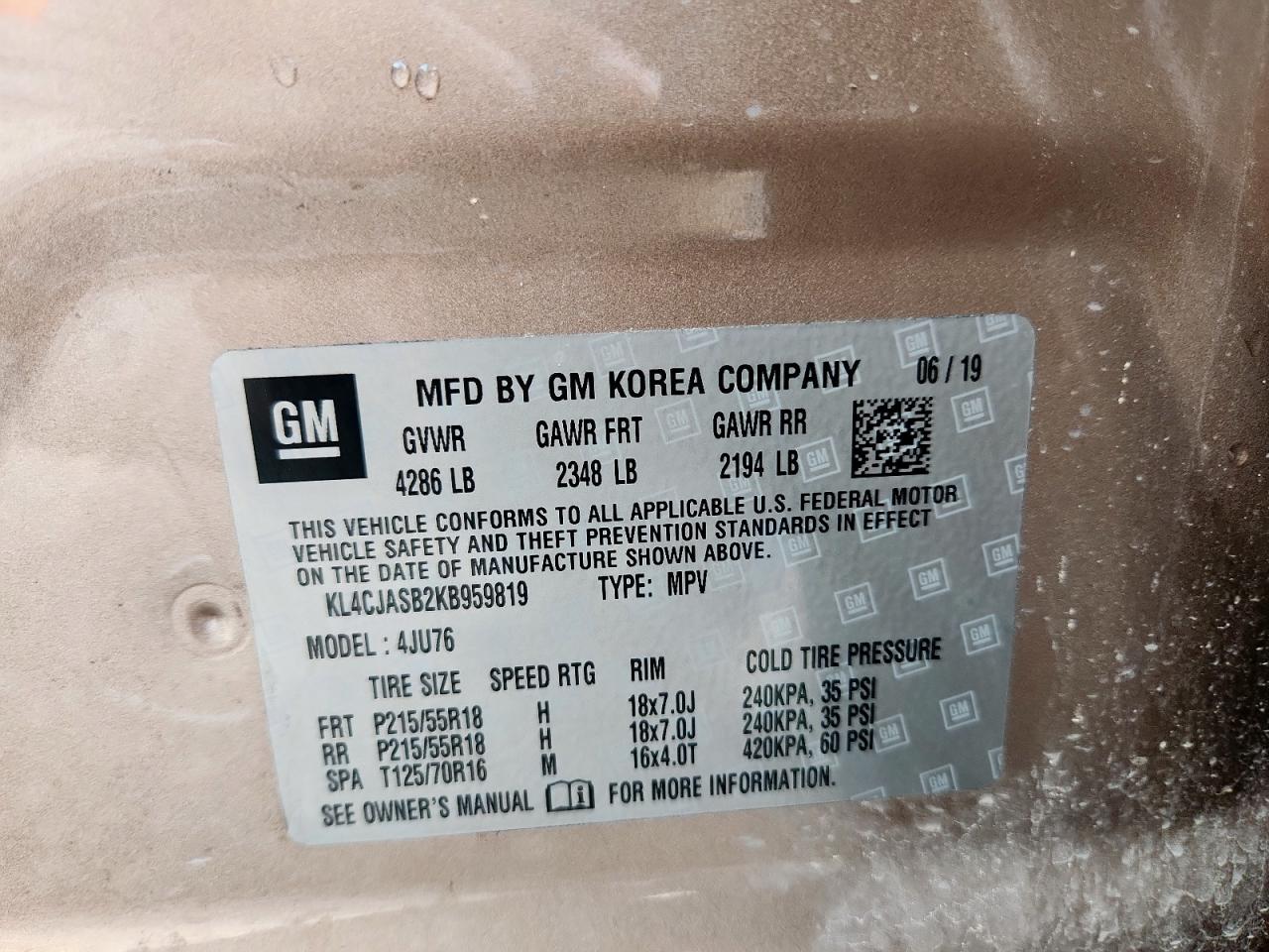 2019 Buick Encore Preferred VIN: KL4CJASB2KB959819 Lot: 81075245