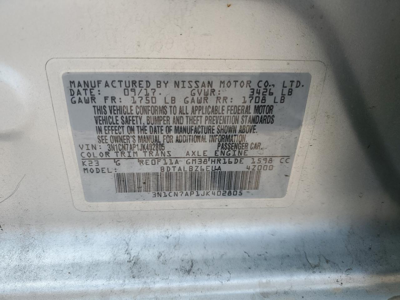 2018 Nissan Versa S VIN: 3N1CN7AP1JK402805 Lot: 81719275