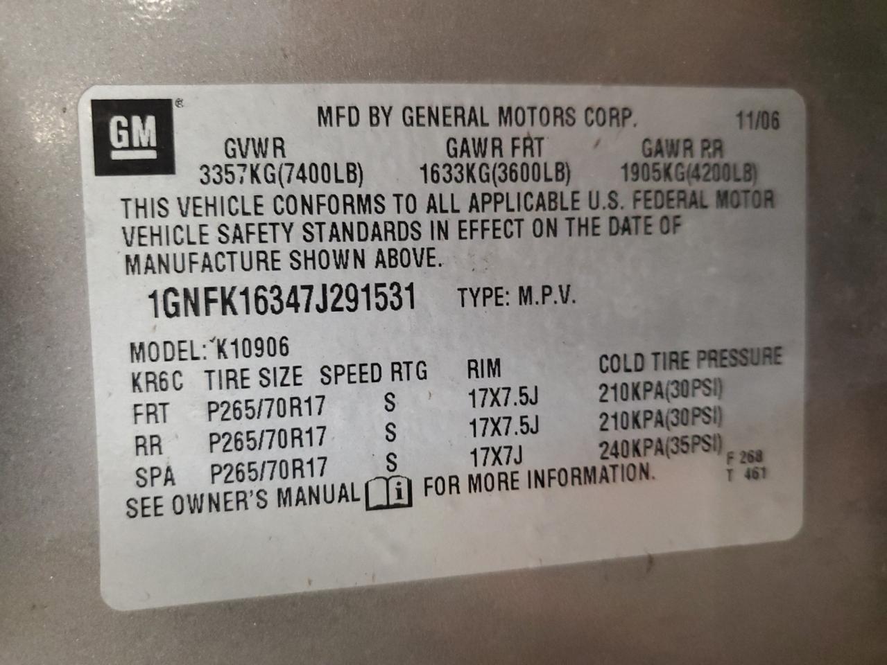 2007 Chevrolet Suburban K1500 VIN: 1GNFK16347J291531 Lot: 80551085