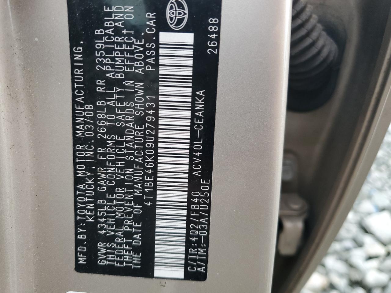 2009 Toyota Camry Base VIN: 4T1BE46K09U279431 Lot: 84210595