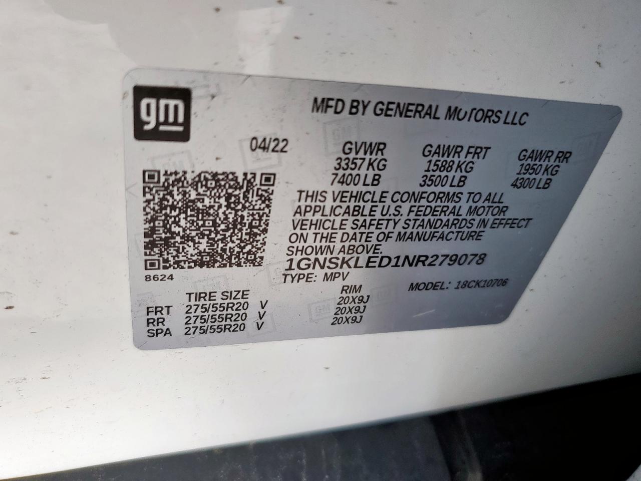 2022 Chevrolet Tahoe K1500 VIN: 1GNSKLED1NR279078 Lot: 84247855