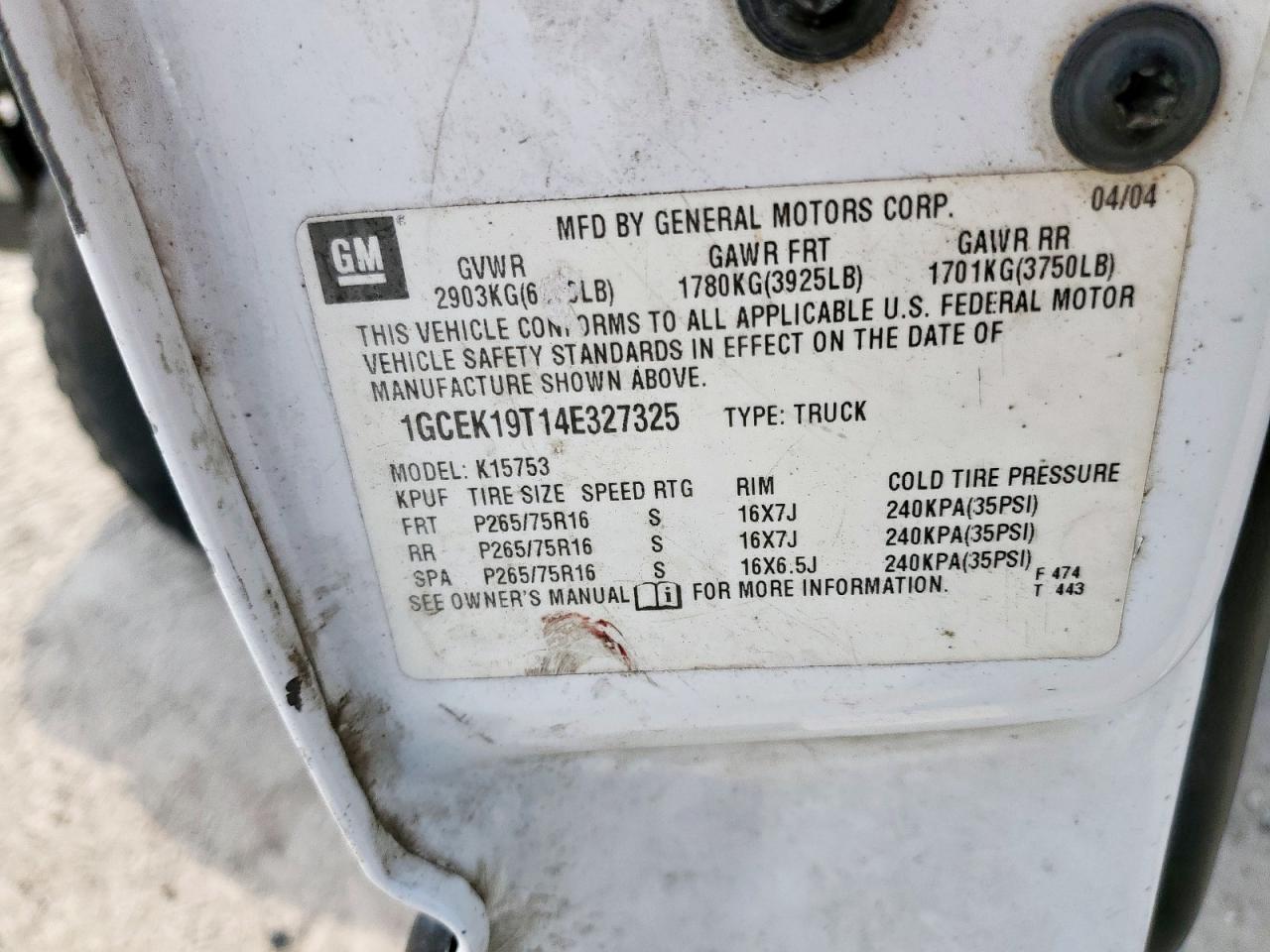 2004 Chevrolet Silverado K1500 VIN: 1GCEK19T14E327325 Lot: 80871965