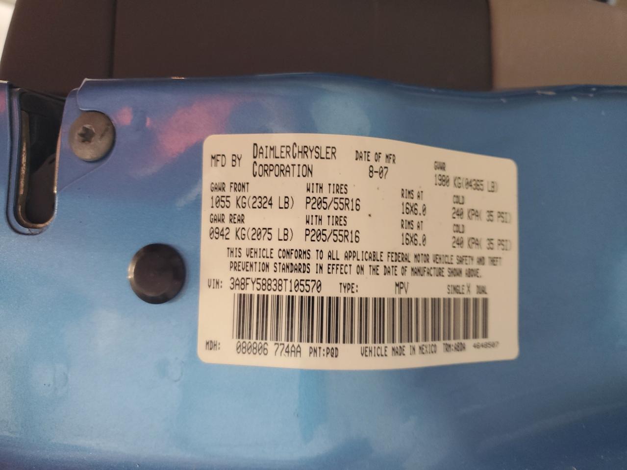 2008 Chrysler Pt Cruiser Touring VIN: 3A8FY58838T105570 Lot: 83941935